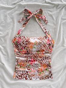 Soleia Top de punto estampado con flores tropicales y estampado de leopardo, de colores alegres, para vestir de vacaciones en primavera/verano, para mujer - Multicolor - Ver 4