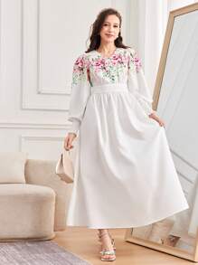 SHEIN 少女编织花卉褶皱泡泡袖收腰连衣裙 - 白色 - 查看 4