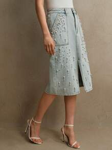 Anewsta Falda vaquera con bordados de cuentas adelgazantes para mujeres, primavera/verano