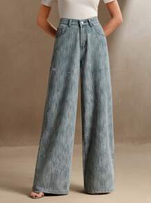 Anewsta 女士宽松休闲阔腿牛仔裤配亮片装饰 - 藍色 - 查看 1