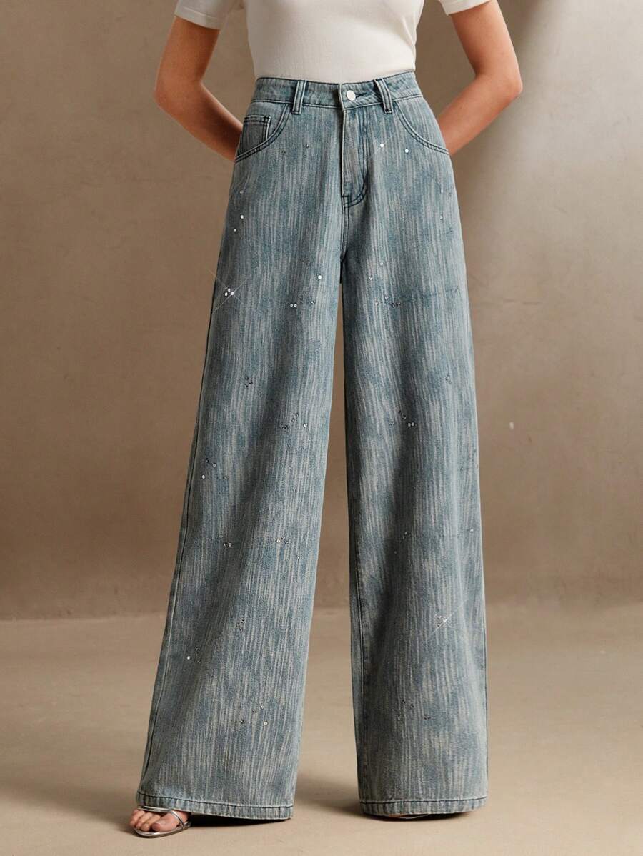 Anewsta 女士宽松休闲阔腿牛仔裤配亮片装饰 - 藍色 - 查看 1