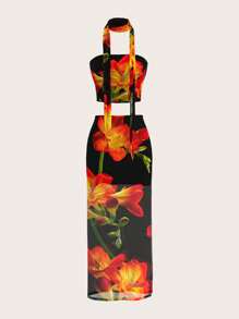 Opulessa 2 件套女士针织网眼印花短款紧身胸衣上衣和高腰裙套装 - 黑色 - 查看 7