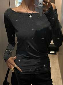 DAZY 女士优雅肩部缀饰亮片长袖T恤，秋季女装 - 灰色 - 查看 1