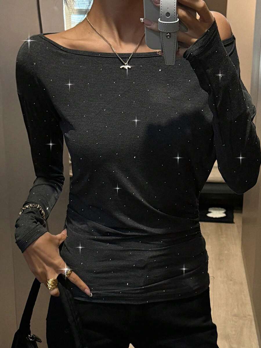 DAZY 女士优雅肩部缀饰亮片长袖T恤，秋季女装 - 灰色 - 查看 1