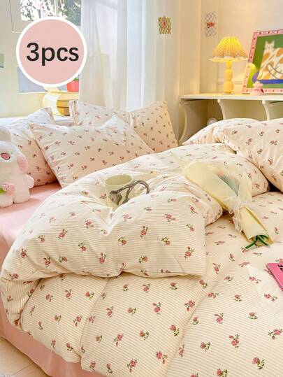 3 件套花卉柔软超细纤维羽绒被套装，舒适温暖，适合情人节、男孩和女孩、学校学生、宿舍、所有季节，单人床/全尺寸/大号床/特大号床