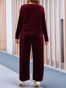 EMERY ROSE Conjunto de dos piezas de ropa de invierno para mujer tallas grandes, con top morado elegante plisado y pantalón con bolsillos