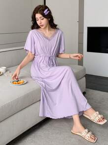 DAZY Solid Color Lace Patchwork Cinched Waist Women Casual Dress Loungewear Pajama - Purple - View 4