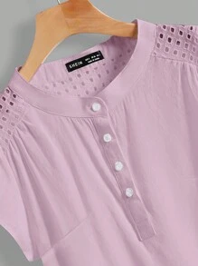 SHEIN LUNE Women's Solid Color Front Button Hollow Patchwork Casual Blouse - Pink - View 3