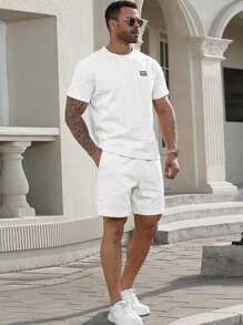 Manfinity Homme Plus Size Men's Round Neck Short Sleeve Casual Top And Shorts Set - Apricot - View 5