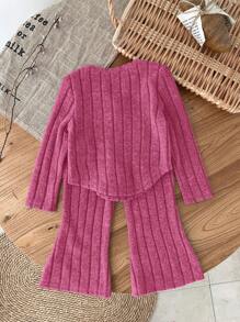 SHEIN LMoss Kids LMoss Baby Girl 2pcs/Set Baby Girl Ribbed Knit Asymmetric Hem Long Sleeve Top And Flared Leg Pants Set, Suitable For Outing, Street Photography, And Sportswear, Autumn/Winter - Hot Pink - View 2