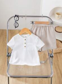 SHEIN 2pcs/Set Infant/Toddler Chest-Pocket Round Neck Short Sleeve Pullover Top And Solid Shorts Set, Suitable For Spring And Summer Everyday Wear - Khaki - View 5