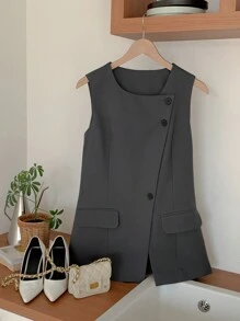 DAZY 女士无袖纽扣简约修身马甲外套，休闲日常穿着女士西装外套商务装 - 灰色 - 查看 6