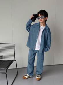 SHEIN Set de 2 piezas para niños y preadolescentes con camisa cardigan de manga larga con solapa de estilo coreano informal y pantalones rectos de pana, apropiado para la escuela, el jardín, la playa, el uso en cumpleaños, primavera, verano, otoño e invierno