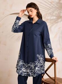 Al Najma Áo sơ mi Ả Rập dài tay in hoa giản dị, màu xanh navy - Màu xanh hải quân - Xem 1