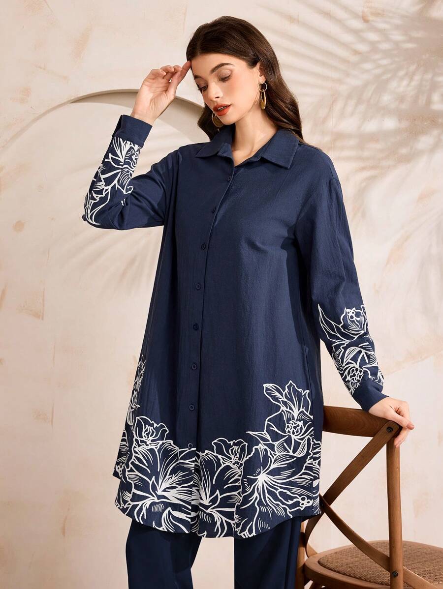 Al Najma Áo sơ mi Ả Rập dài tay in hoa giản dị, màu xanh navy - Màu xanh hải quân - Xem 1