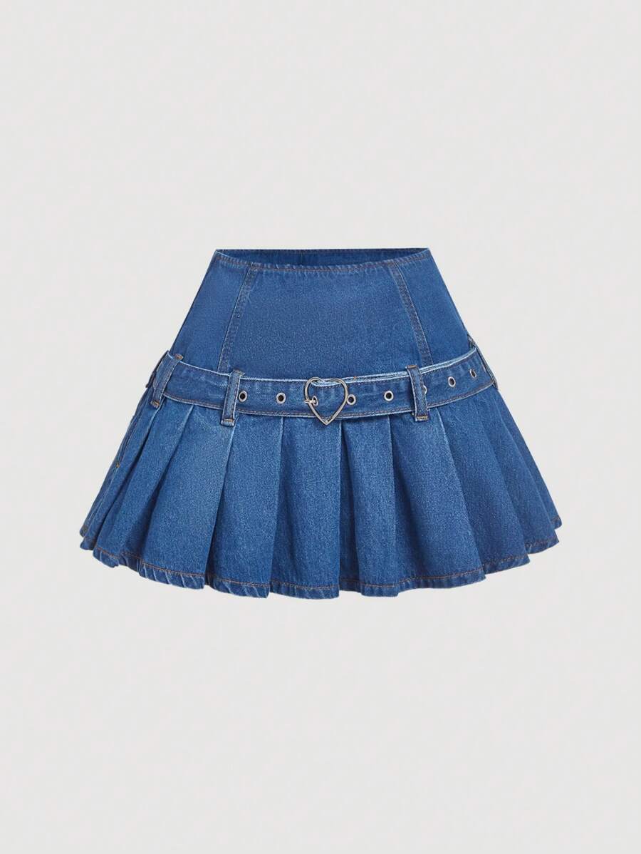 SHEIN MOD Women's Denim Pleated A-Line Mini Skirt With Button Closure - Blue - View 1