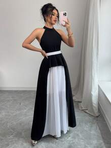 Elenzga Kleid für Damen mit Kragen, Kontrastfarben Schwarz und Weiß, plissiert, elegant - Schwarz - Übersicht 7