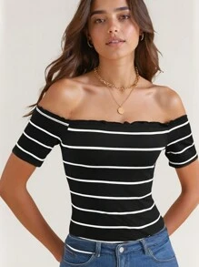 Wildy 夏秋季休闲街头航海风格露肩条纹 T 恤女士 - 黑色 - 查看 1