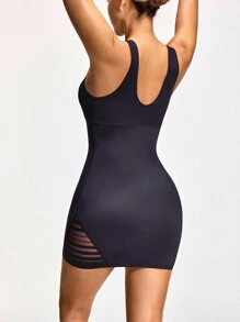 SHAPORA 女士 V 领无袖透视拼接简约修身连衣裙 - 黑色 - 查看 4