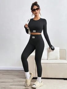 INAWLY 2pcs Women Solid Color Round Neck Long Sleeve Simple Slogan Top And Pants Set Fall Cloth For Women - Black - View 4