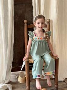 SHEIN LMoss Kids LMoss 少女素色梭织吊带背心和宽松休闲长裤两件套姐妹装适合春夏季 - 綠色 - 查看 1