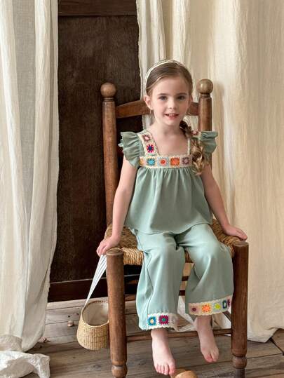 SHEIN LMoss Kids LMoss 少女素色梭织吊带背心和宽松休闲长裤两件套姐妹装适合春夏季