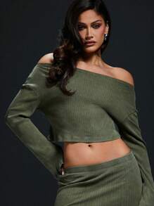 SHEIN Unity 2 Pcs Washed Rib Off Shoulder Top & Mini Skirt Set - Green - View 4