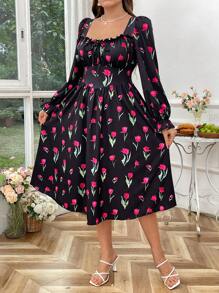 Flirla 大码女式郁金香花卉印花方领长袖优雅复古可爱假日中长连衣裙