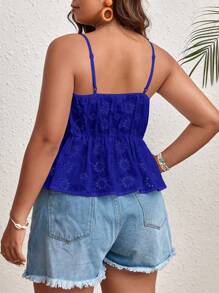 SHEIN VCAY Plus Size Boho Vacation Casual Solid Color Eyelet Embroidery Cami Top, For Summer - Royal Blue - View 3