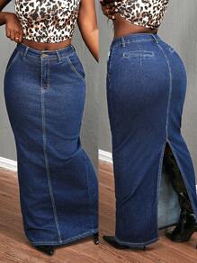 SHEIN Slayr 女式口袋长款修身休闲牛仔半身裙 - 深色水洗藍 - 查看 1