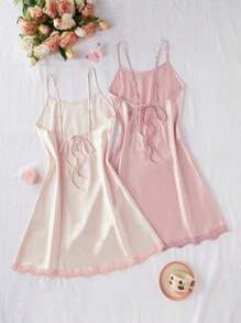 SilkySpell 2pcs/Set Women Imitation Silk Backless Tie Strap Nightgown Babydoll Sleepwear Luxe Loungewear - Multicolor - View 2