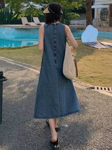 DAZY 女士无袖休闲长款牛仔连衣裙 - 藏蓝色 - 查看 6