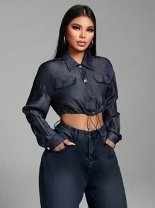 Zolique Women's Autumn Drop Shoulder Long Sleeve Single-Breasted Drawstring Hem Cropped Blouse - Navy Blue - View 5