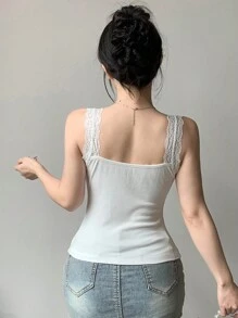 DAZY Women's Lace Patchwork Bow Decor Fitted Casual Camisole Tank Tops