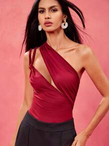 Iridescence Sculpted Designer Burgundy Asymmetric Neck Braided Strap Bodysuit, Festival, Summer,Beach For Women, Concert,Elegant,Vacation, Western Wear,Boho, Gyaru - Burgundy - View 3