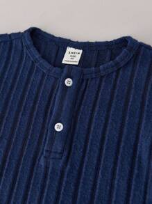 Young Boys Simple Casual Round Neck Half Placket Ribbed Cuff Shorts Knit Ribbed Pajama Set, 2pcs - Blue - View 4