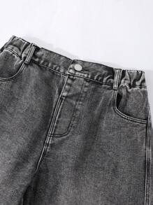 Girls' Street Fashion Casual Versatile Utility Asymmetric Multi-Pocket Washed Gray Loose Straight Leg Jeans, Excluding T-Shirt And Accessories - Grey - View 5