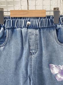 Dziewczyny w wieku nastoletnim słodkie motyle, kwiaty, nadruk jeża codzienne uniwersalne dżinsy, odpowiednie na wiosnę, lato i jesień - Niebieski - Zobacz 6