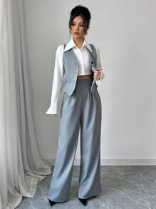 Elenzga Áo len cardigan cổ dài tay thanh lịch & sang trọng dành cho nữ, áo vest ngắn bó eo và quần ống rộng cạp cao 2 món - Xám - Xem 4