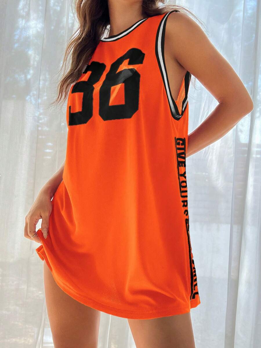 SHEIN EZwear 夏季休闲宽松橙色网眼字母和数字图案运动连衣裙，无袖