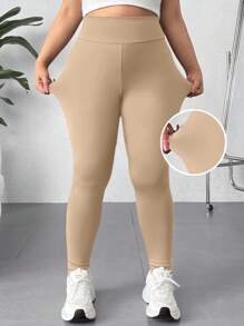 SHEIN EZwear 大码纯色弹力修身打底裤，日常休闲穿着 - 駝色 - 查看 1