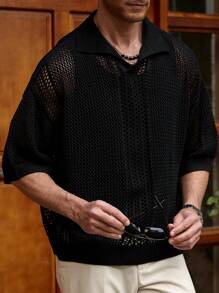 Manfinity Homme Men's Solid Color Hollow-Out Casual Knit Top Short Sleeve - Multicolor - View 3