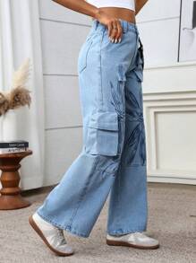 TrendSteals 女士花卉印花工装口袋宽腿宽松休闲牛仔裤 - 藍色 - 查看 5