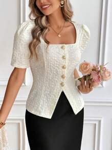 Calvaya Blusa casual de mujer con cuello cuadrado, mangas abullonadas, cintura ceñida y abertura en el bajo para primavera/verano