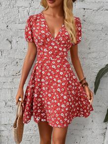 Chiquease Vestido y falda de verano con cuello en V y estampado floral diminuto para mujer, atuendo para vacaciones y playa