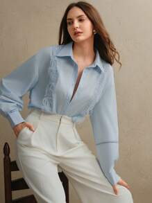 Anewsta Áo cánh ren Lyocell màu xanh công sở dành cho nữ mặc đi làm, mùa xuân - Màu xanh lam - Xem 3