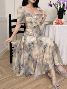 DAZY Vestido midi con mangas abullonadas, volantes en el bajo y estampado floral bohemio, vestido de verano elegante