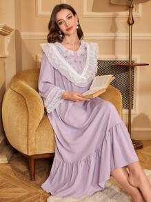 蕾丝印花边拼接半开领 3/4 袖宽松复古女式睡袍