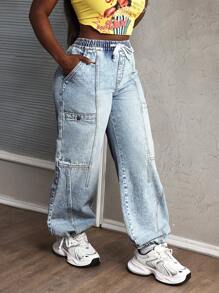 SHEIN Slayr Women's Drawstring Waist Pocket Elastic Waist Jeans - Light Wash - View 6