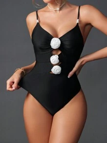 Summer 1pc Women's Floral Decor Elegant Sexy Bandage One-Piece Swimsuit, Vacation Style